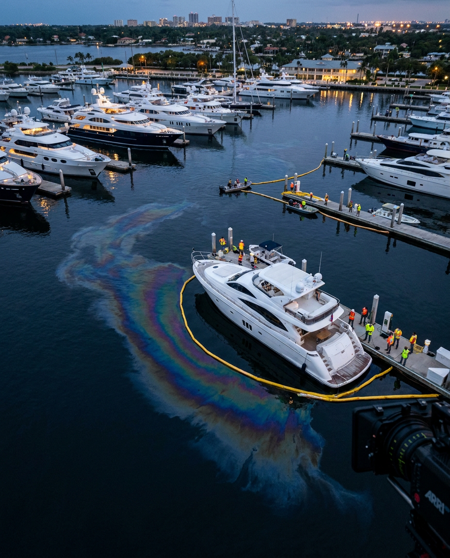 Marina fuel dock with yachts and refueling equipment