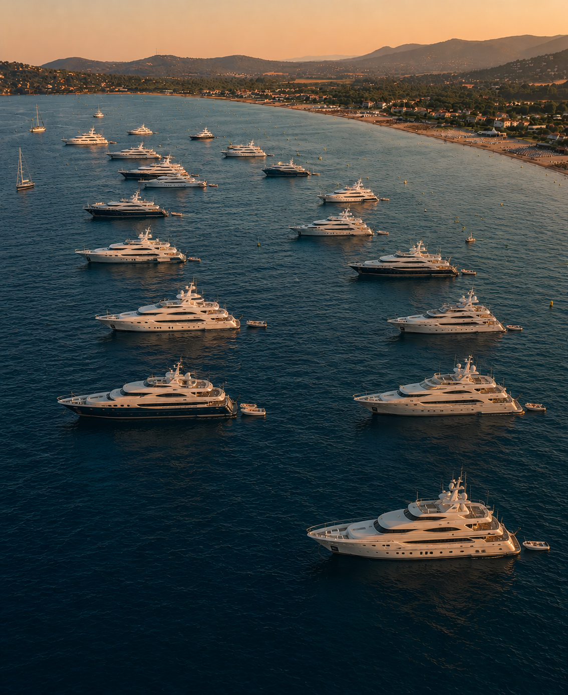 Superyacht fleet moored in a Mediterranean harbour at dusk
