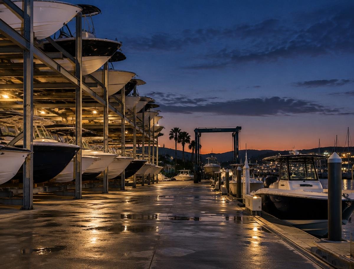 New boats at dealer racks and docks at dusk