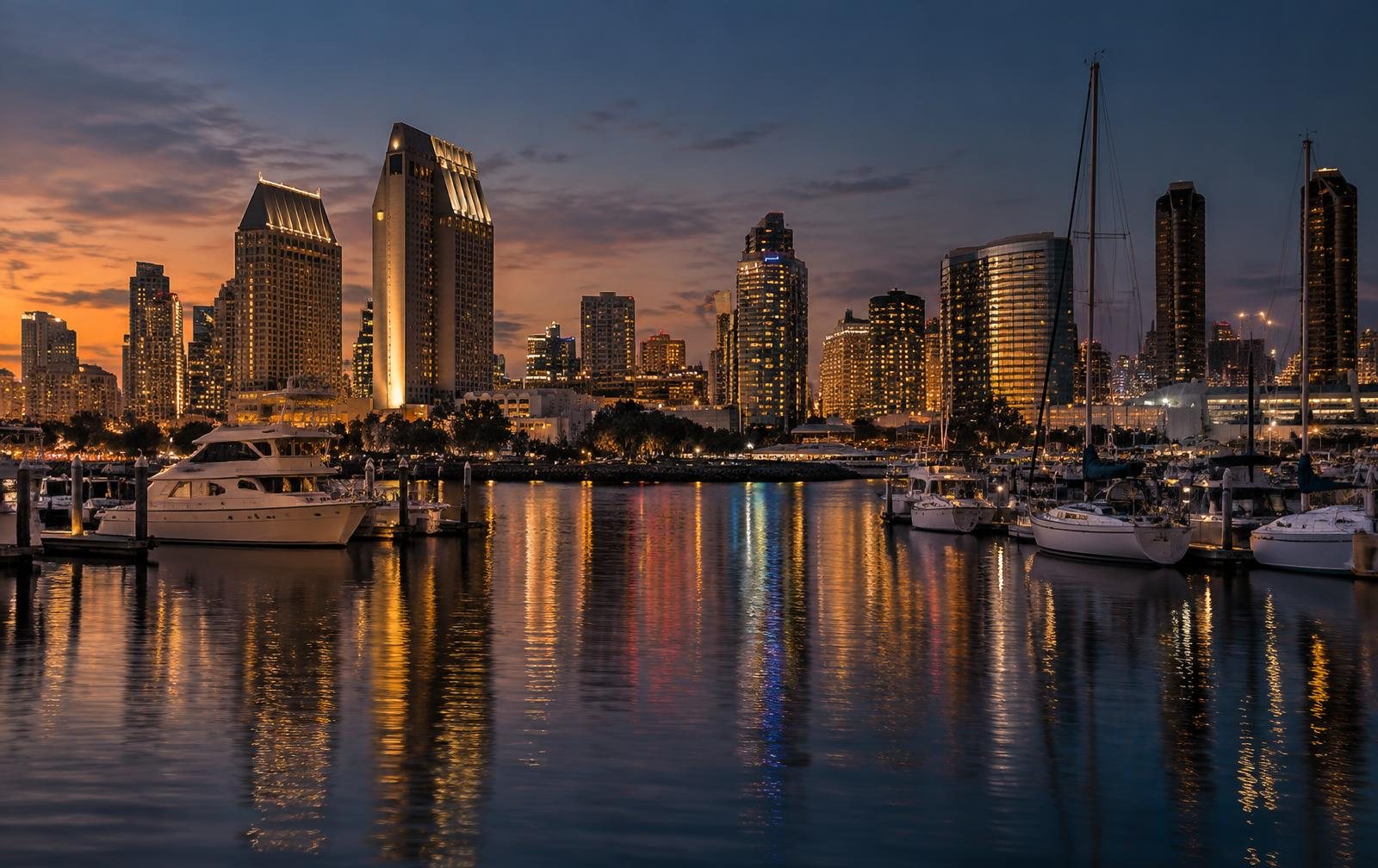 San Diego harbour skyline at dusk