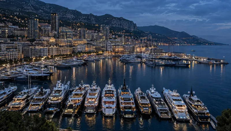 Superyachts moored in Port Hercule, Monaco, at dusk with the lit city and hills behind