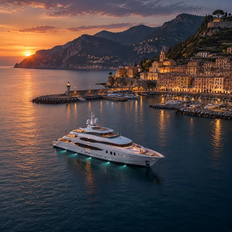 Large yacht at anchor near an Italian Riviera port town at dusk